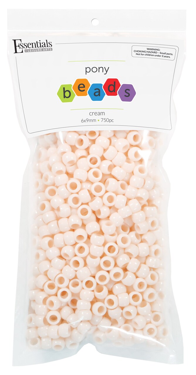 Essentials by Leisure Arts Pony Bead 6mm x 9mm Neutral Cream Opaque Plastic Pony Beads Bulk 750 pieces for Arts, Crafts, Bracelet, Necklace, Jewelry Making, Earring, Hair Braiding